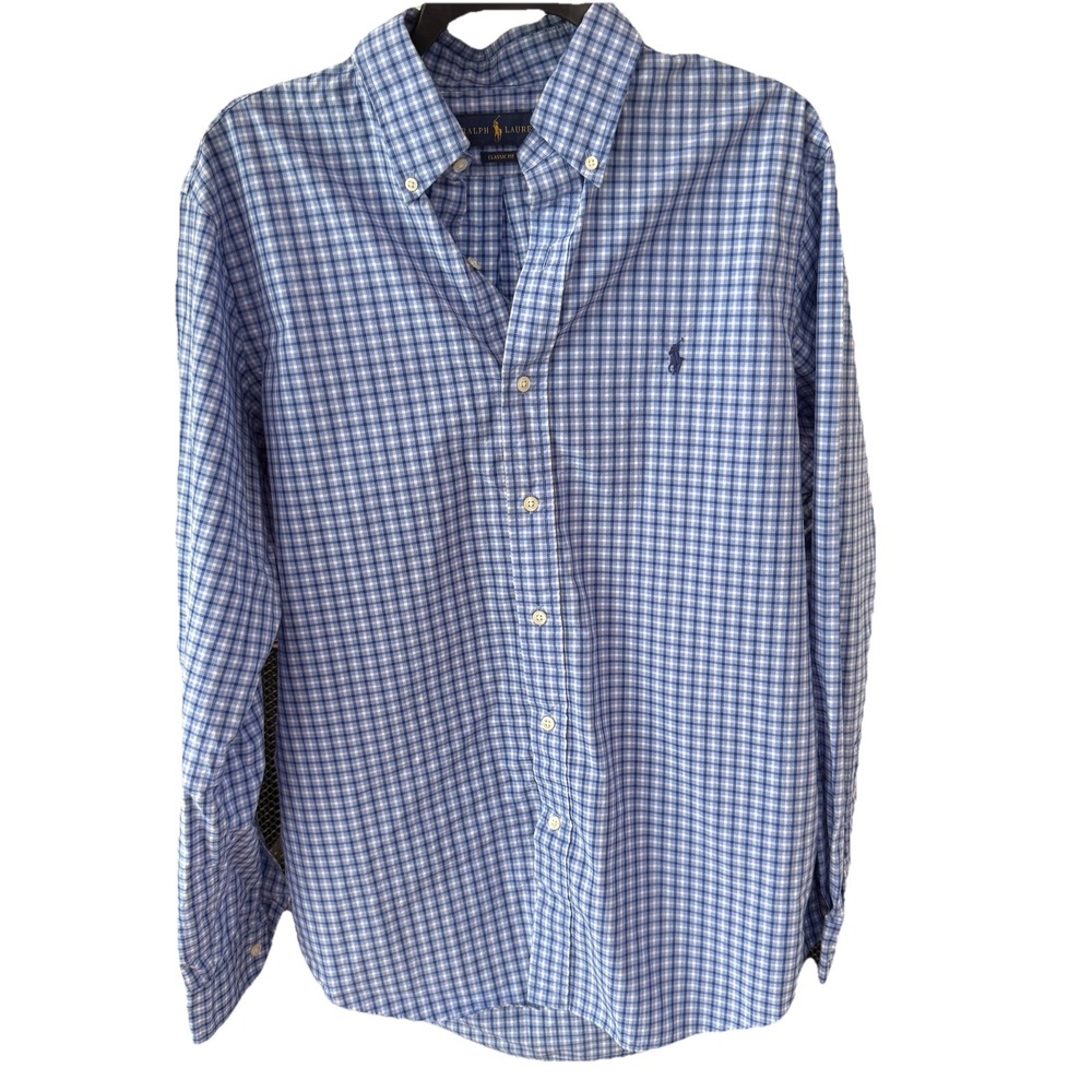 Ralph Lauren Oxford Polo‎ Shirt Large Blue Plaid BluePony